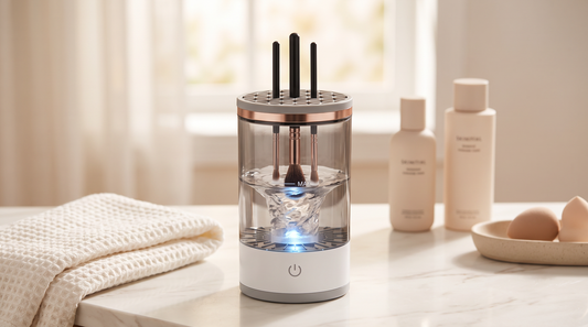 Electric Makeup Brush Cleaner on a bathroom vanity