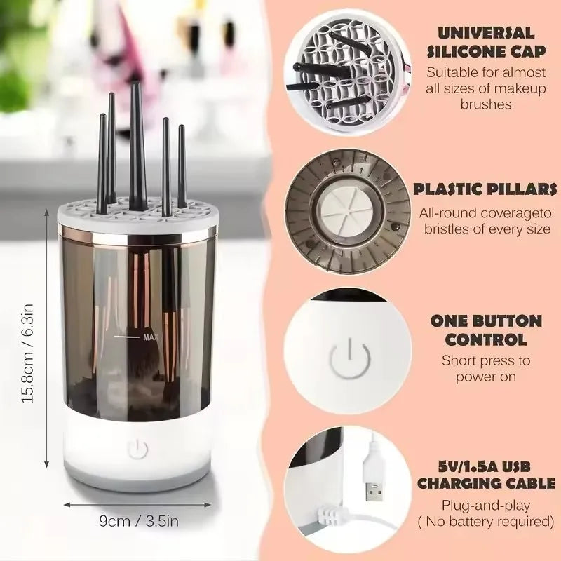 Portable Electric Makeup Brush Cleaner - USB Quick Clean Machine with Rubber Collar