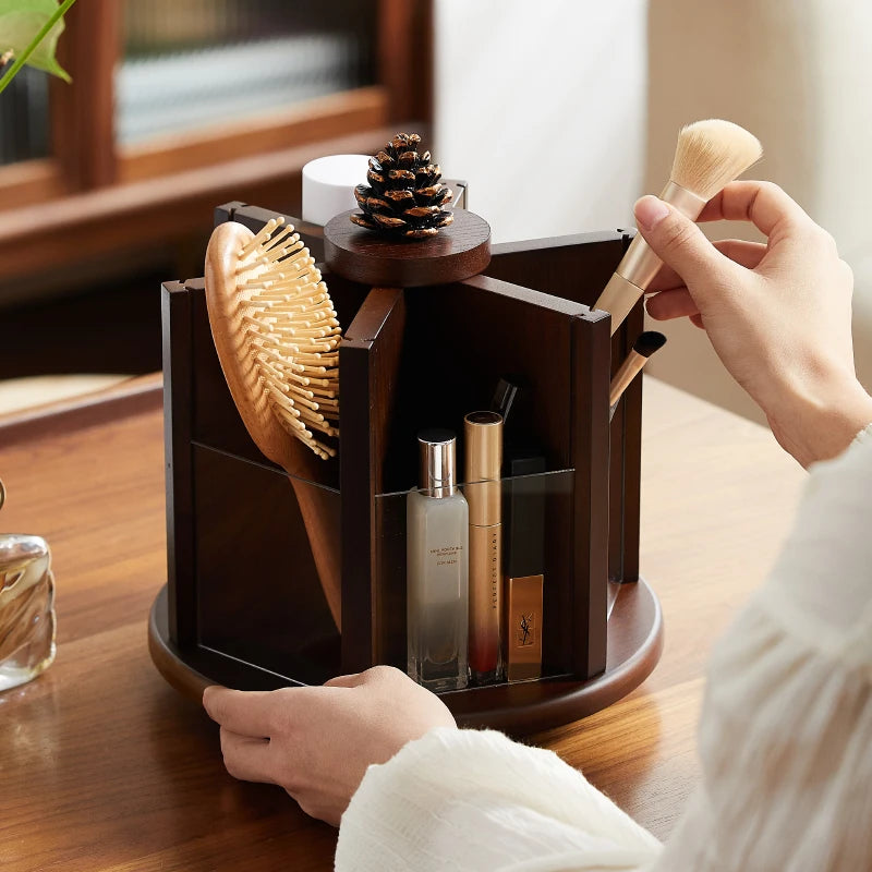 Chic Vintage Wooden Rotating Makeup Organizer with Drawer and Rack