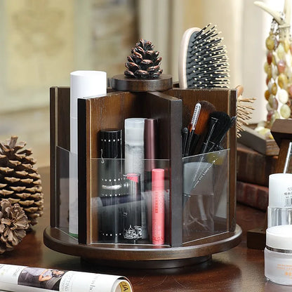 Chic Vintage Wooden Rotating Makeup Organizer with Drawer and Rack