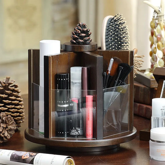 Chic Vintage Wooden Rotating Makeup Organizer with Drawer and Rack