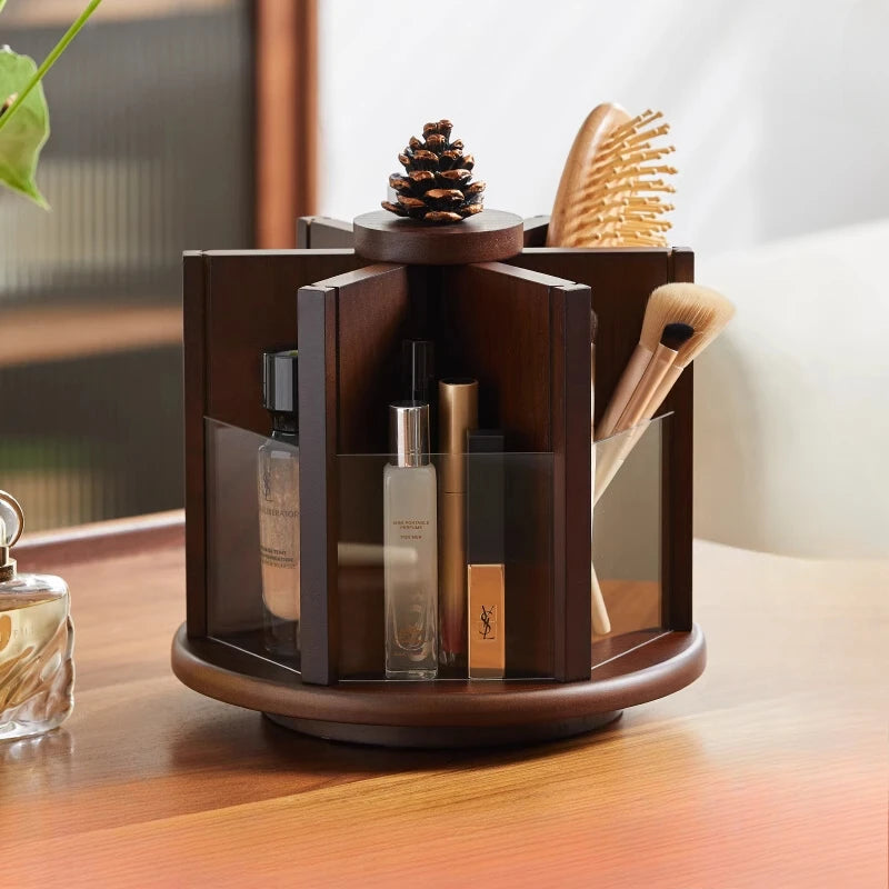 Chic Vintage Wooden Rotating Makeup Organizer with Drawer and Rack