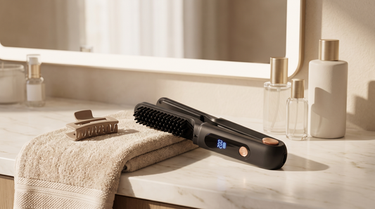 Cordless Hot Styling Brush on a bathroom vanity