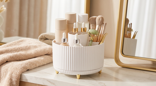 360 Rotating Makeup Organiser on a vanity