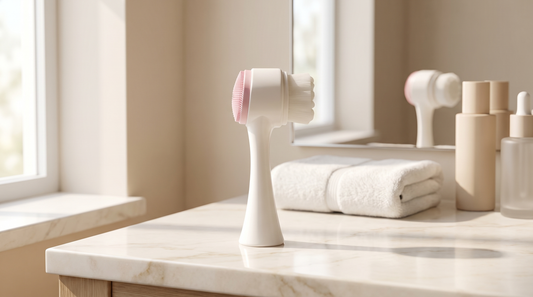 Silicone Facial Cleansing Brush on a bathroom vanity